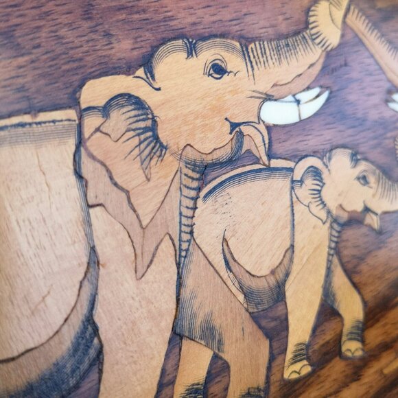 Vintage Handmade Marquetry Wooden Elephant Wall Picture 14"x6" Etched Carved - Picture 8 of 14